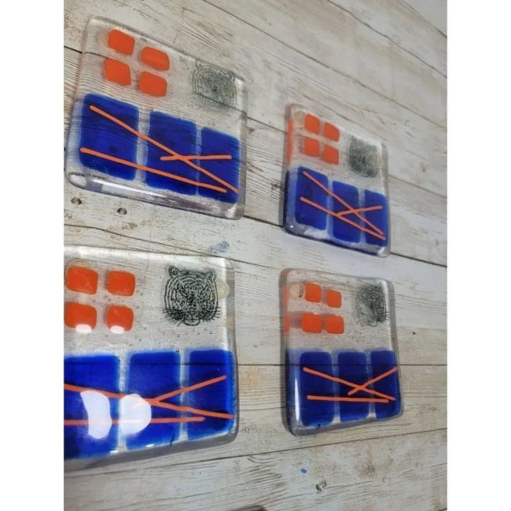 Lot of 7 Art Glass Drink Coasters Orange Blue Geometric‎ Tiger Stamped MCM Pads